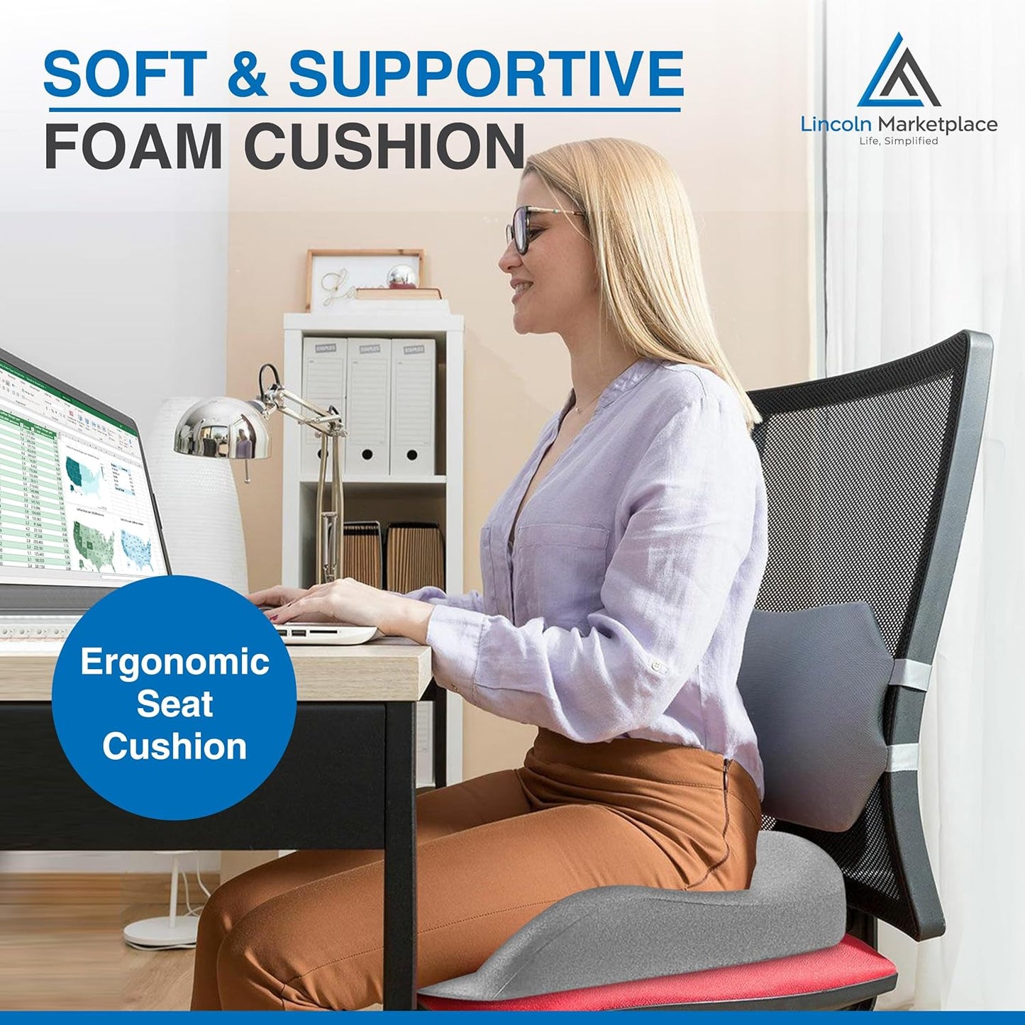 Extra-Dense Memory Foam Seat Cushion – Ergonomic Design for Pain Relief, Posture Support & Pressure Reduction – Experience All-Day Comfort by Lincoln Marketplace
