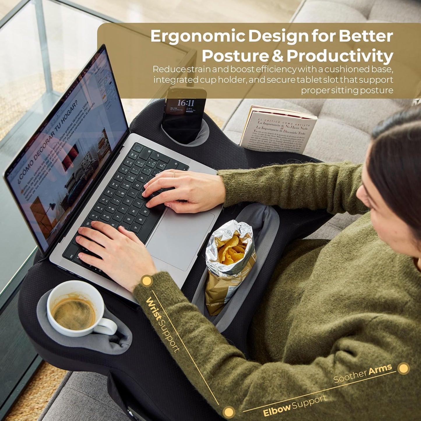 Laptop Cushion Desk – Portable Lap Desk with Soft Cushion, Heat Protection & Ergonomic Wrist Support for Bed, Sofa & Travel