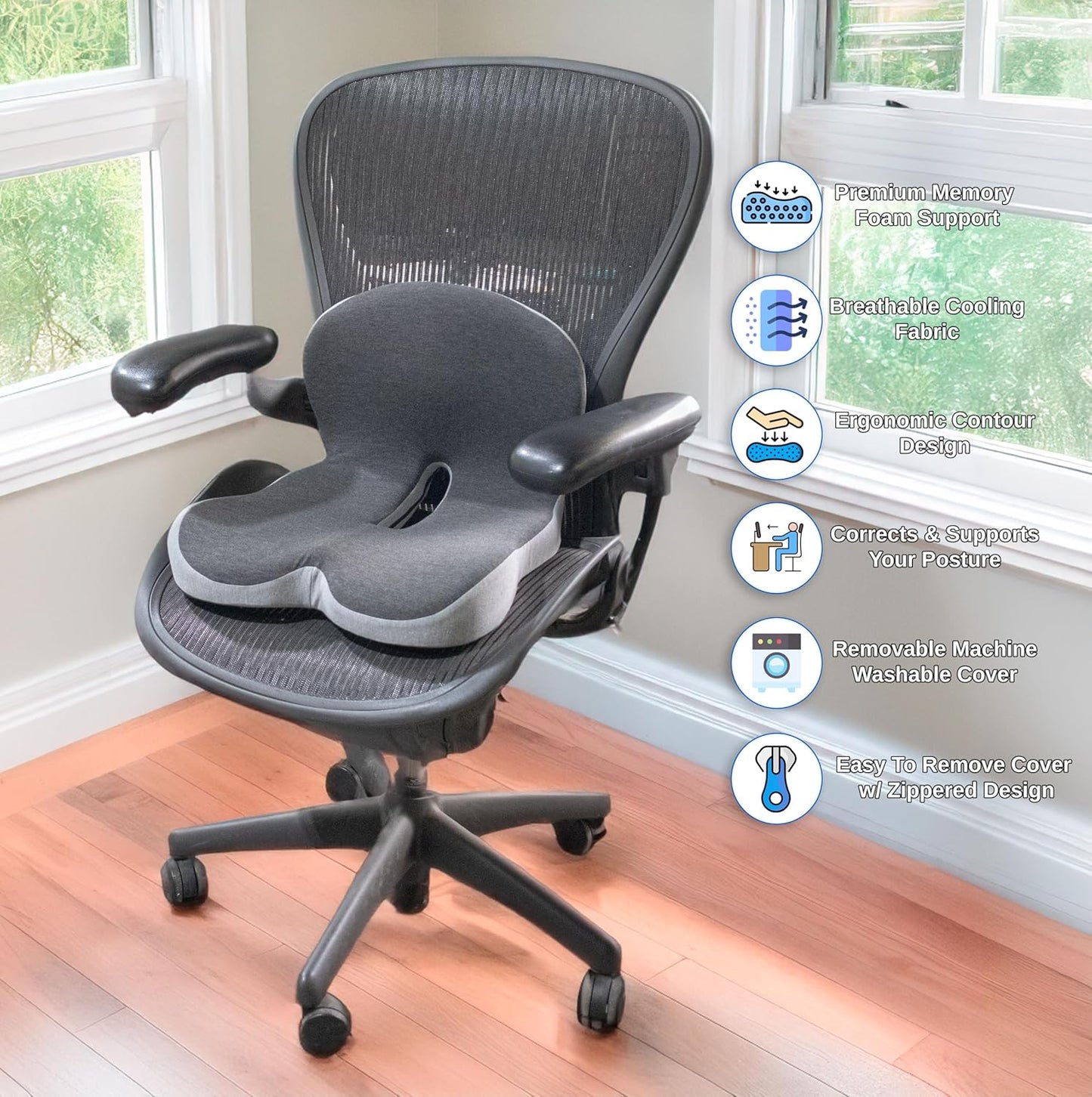 Ergonomic Memory Foam Seat Cushion with Lumbar and Back Support – Coccyx and Tailbone Pain Relief, Orthopedic Posture Correction, Breathable Washable Cover