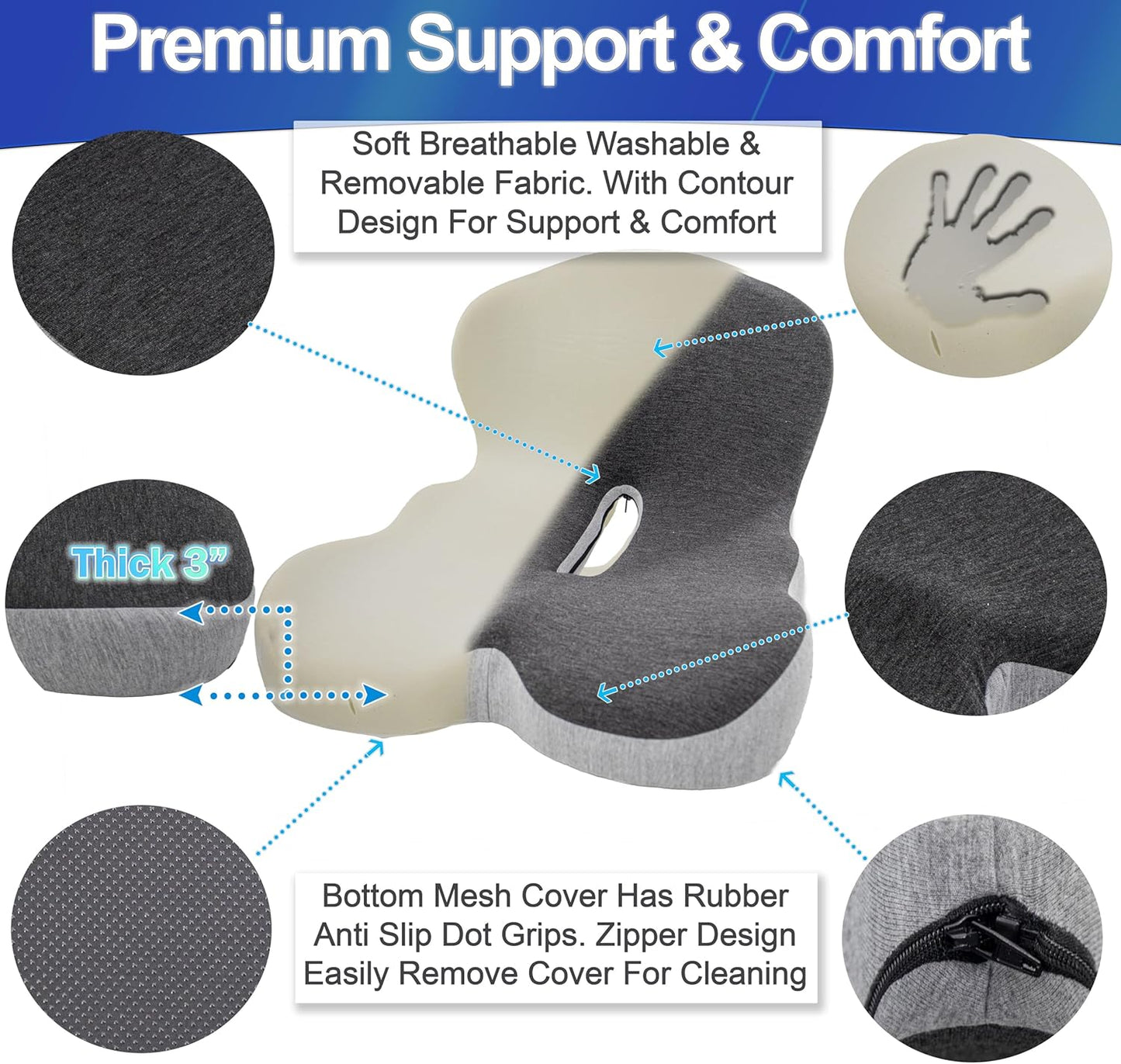 Ergonomic Memory Foam Seat Cushion with Lumbar and Back Support – Coccyx and Tailbone Pain Relief, Orthopedic Posture Correction, Breathable Washable Cover